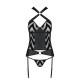 Сетчатый комплект с узором, корсет с халтером, подвязки, трусики Passion HIMA CORSET S/M, black