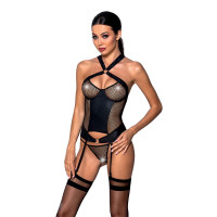 Сетчатый комплект корсет с халтером, съемные подвязки и трусики Passion AMANDA CORSET L/XL, black